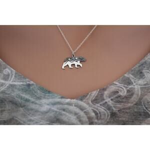 Sterling Silver Bear Charm with Mountains and Bronze Moon Necklace